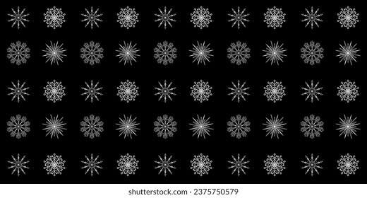 Patrón sin foco con copos de nieve sobre un fondo negro. Ilustración del vector