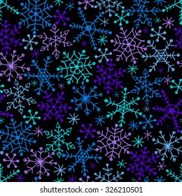 Seamless pattern with snowflakes on black background. Vector illustration