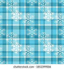 Seamless pattern with snowflakes on blue checkered background. Christmas, New Year, winter holiday design. Blue and white textile geometric background