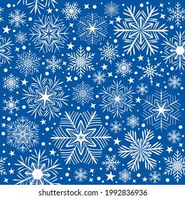 Seamless pattern of snowflakes on a blue background. For decoration of borders, postcards, posters, flyers for the New Year and Christmas holidays. Vector 