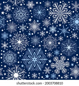 Seamless pattern of snowflakes on a blue background. For decoration of borders, postcards, posters, flyers for the New Year and Christmas holidays. Vector 