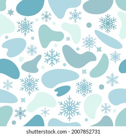 Patrón sin foco de copos de nieve en un fondo azul. Para la decoración de fronteras, postales, afiches, volantes para Año Nuevo y Navidad. Vector 