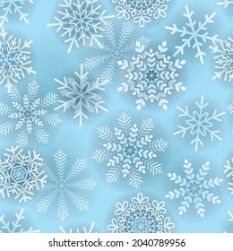 Seamless pattern with snowflakes on a blue background. For Christmas, Holiday Wallpaper, wrapping paper, textile fabric. Vector illustration.