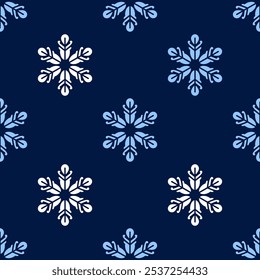 Patrón sin fisuras de copos de nieve sobre fondo azul. Ilustración aislada de Vector plano
