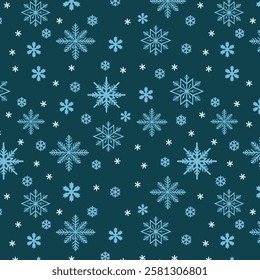Seamless pattern of snowflakes on a blue background.