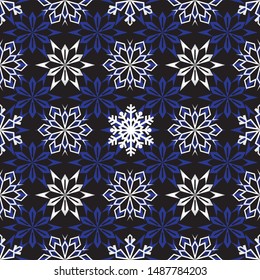 Seamless pattern of snowflakes on a dark blue background, new year snowfall, vector illustration
