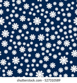 Seamless pattern snowflakes on dark blue background. Endless texture in New Year, Christmas concept. Winter Xmas theme. Realistic pattern with snowflakes, snow. Fabric textile, print material. Vector