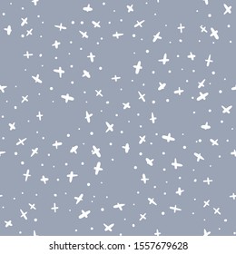 Seamless pattern of snowflakes on a gray background. Hand drawn. The collection of pictures in the same style. Snowfall of cute snowflakes, crystals and lumps. EPS10