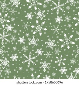 Patrón transparente de copos de nieve en una ilustración vectorial de fondo verde.