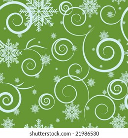 Seamless pattern with snowflakes on green background. Vector illustration