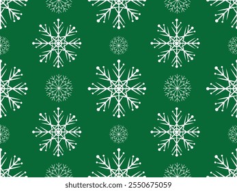 Patrón sin fisuras con copos de nieve sobre un fondo verde. Vector para la materia textil, papel de embalaje, fondo del invierno