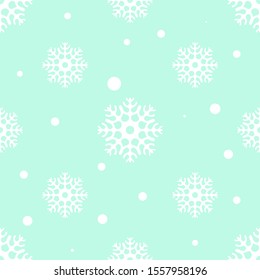 Seamless pattern with snowflakes on a light green background. Snowflakes of different size and density. Vector illustration