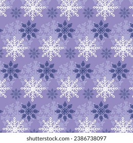 Seamless pattern with snowflakes on a lilac background. Falling snow, pattern. Vector.