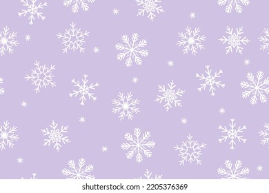 Patrón sin foco con copos de nieve sobre fondo morado. Gráficos vectoriales.