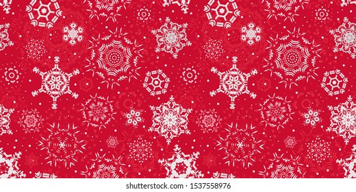 Seamless pattern with snowflakes on red background. Christmas print. Festive, happy new year ornament. Perfect vector design, template for wrapping paper, greeting cards, posters, banners, backdrops..