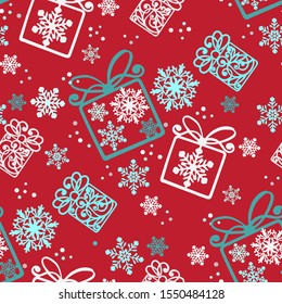 Seamless pattern with snowflakes on a red background. Christmas wallpaper. Decorative ornament for fabric, textile, wrapping paper.