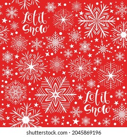 Seamless pattern of snowflakes on a red background. Let it snow. For decoration of borders, postcards, posters, flyers for the New Year and Christmas holidays. Vector illustration