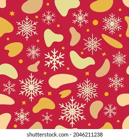 Seamless pattern of snowflakes on a red background. For decoration of borders, postcards, posters, flyers for the New Year and Christmas holidays. Vector 
