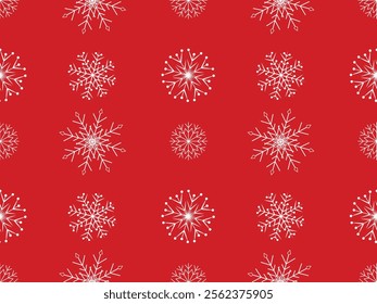 Seamless pattern with snowflakes on a red background. Vector illustration of snowflakes of different shapes on a red background, ideal for wrapping paper, winter background, textiles Christmas