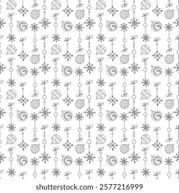 Seamless pattern with snowflakes on a thread. Doodle hand drawn black outline illustration.