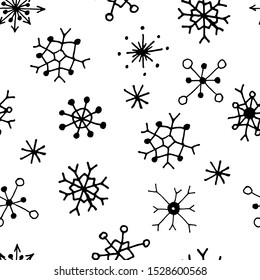 Seamless pattern with snowflakes on a white background. Hand-made vector illustration for holiday design, new year, christmas, background, pattern, backdrop, wallpaper, wrapper, packaging.