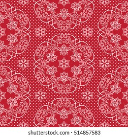 Seamless pattern snowflakes and polka dots on red background vector illustration. Christmas lace fabric or wrapping paper design