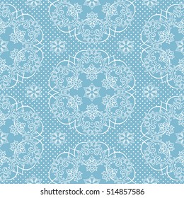 Seamless pattern snowflakes and polka dots on blue background vector illustration. Christmas lace fabric or wrapping paper design
