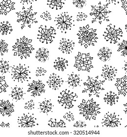 Seamless pattern of with snowflakes for printing on fabric, wrapping paper, textiles. A pattern of 1 color.Invitation, wedding card, scrapbooking.Ink and pen, hand-drawn. Vector.