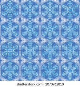 Seamless pattern. Snowflakes with randomly colored elements. Regular location.