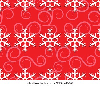 Seamless pattern with snowflakes in row and curls on red.
