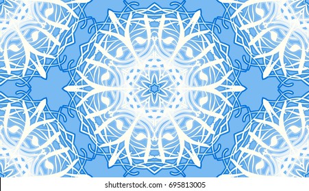 Seamless pattern. Snowflakes. Rows as in honeycomb. Blue-white shades.