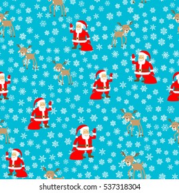 Seamless pattern with snowflakes, Santa Claus and reindeer.
