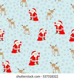 Seamless pattern with snowflakes, Santa Claus and reindeer.