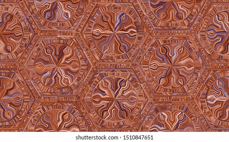 Seamless pattern. Snowflakes with six-sided symmetry. Random scatter of colors. Blue and copper.