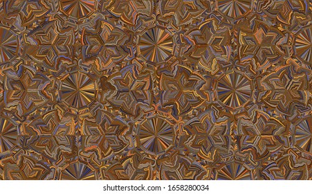 Seamless pattern. Snowflakes with six-sided symmetry. Random scatter of colors. Ice and gold.