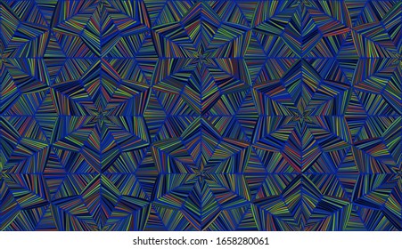 Seamless pattern. Snowflakes with six-sided symmetry. Random scatter of colors. Blue and green.