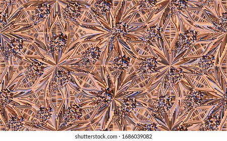 Seamless pattern. Snowflakes with six-sided symmetry. Random scatter of colors. Blue and copper.