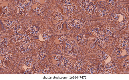 Seamless pattern. Snowflakes with six-sided symmetry. Random scatter of colors. Blue and copper. Contains symbolic comets.