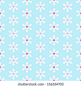 Seamless pattern with snowflakes and small hearts inside them. Can be used for wallpaper, pattern fills, web page background,surface textures