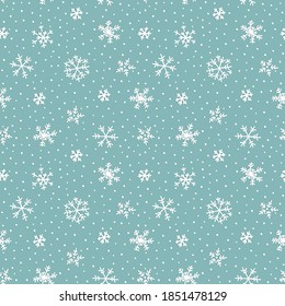 Seamless pattern with snowflakes and snow on a blue background. Festive winter white vector elements with shadows and volume. For paper, textiles and fabrics. Hand drawing style and cartoons.