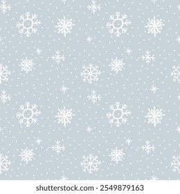 Patrón de invierno sin fisuras en copos de nieve y nieve. Ilustración vectorial simple, estilo doodle