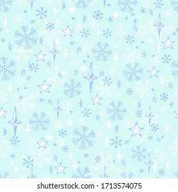 Seamless pattern with snowflakes and sparkling stars. Hand drawn vector illustration on light blue background.