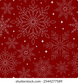 Seamless pattern with snowflakes, star isolated on red background for wrapping, packing, fabric, print. Merry Christmas and Happy New Year collection. Hand draw snowflakes in line art style.