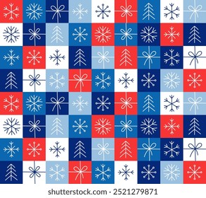 Seamless pattern snowflakes, stars, and festive ornaments. Flat design minimalist geometric shapes with a Scandinavian style. Holiday decorations, posters, and digital backdrops. Vector Illustration