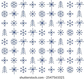 Seamless pattern snowflakes, stars, and festive ornaments. Flat design minimalist geometric shapes with a Scandinavian style. Holiday decorations, posters, and digital backdrops. Vector Illustration