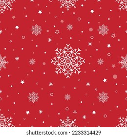 Seamless pattern of snowflakes and stars on a dark red background. Vector illustration. Winter Christmas New Year decoration for packaging, wrapping paper, greeting card.	