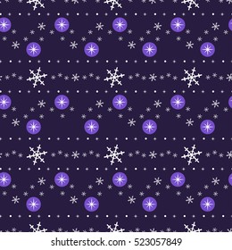 Seamless pattern with snowflakes and stars on the dark purple background. Good for holiday design. Vector.