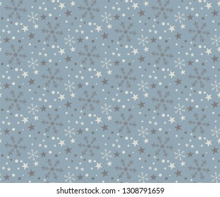 Seamless pattern with snowflakes and stars for your design. Flat vector graphics.
