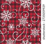 Seamless Pattern of Snowflakes with Swirls on Red Plaid Background-Christmas Vector Illustration