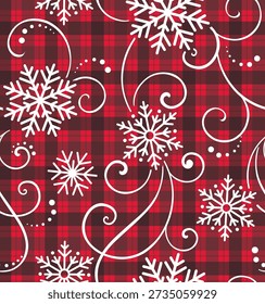 Seamless Pattern of Snowflakes with Swirls on Red Plaid Background-Christmas Vector Illustration